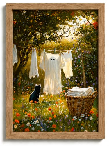 Framed Ghost Clothesline with Black Cat Wall Art,Funny Laundry Painting Picture Wall Decor,Rustic Spooky Cute Ghost Poster Print Artwork,for Laundry Room Bathroom Farmhouse Halloween Home Decoration - color: Ghost, size: 10"L x 8"W