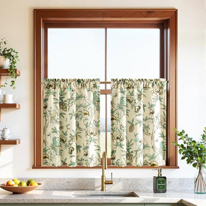 Leeva Rustic Farmhouse Cafe Curtains for Kitchen, Rod Pocket Small Window Curtains Over Sink, 30" x 30", Plants & Birds & Butterfly Print on Beige - color: M9, size: 30"W x 30"L (Pack of 2)