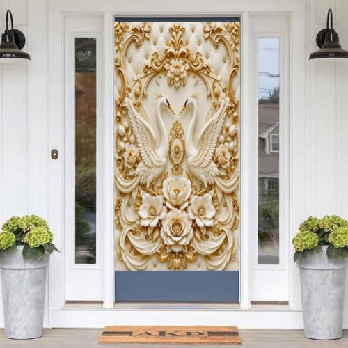 Swan Floral Gold Ornament Door Curtain 70 X 35.4 Inch, Privacy Door Cover Decorative Room Divider Curtain Hanging Doorway Window Panel for Bedroom Living Room Bathroom Office Home Decor - color: Swan Floral Gold Ornament