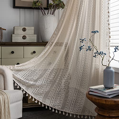 Sutuo Home Boho Curtains Crochet Lace Semi-Sheer Bohemian Hollow Knitted Handmade Tassels, Rod Pocket Window Treatment Vintage Rustic Farmhouse Drapes for Living Bedroom, 1 Panel 59" W x 72" L, Beige - color: Beige Crochet, size: 59"W x 72"L (Pack of 1)
