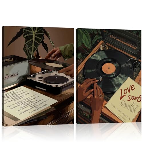 Framed 2pcs Black Woman Music Print Wall Art Retro Vinyl Record Canvas Posters African American Fashion Painting Vintage Picture Wall Decor for Living Room Bedroom 12x16Inches - color: Vinyl Record, size: 12 x 16 inches