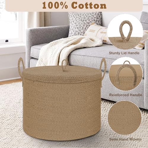 XXXXL Extra Large blanket basket with lid 21"x21"x18" blanket storage for living room,Large woven storage basket round laundry basket rope basket 115L (Jute) - color: Jute
