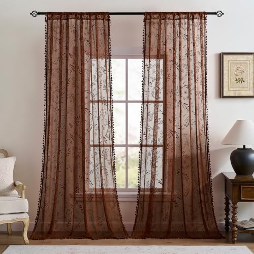 Kotile Brown Sheer Curtains 84 Inches Long, Floral Lace Window Panels - color: Brown, size: 52"W x 84"L (Pack of 2)
