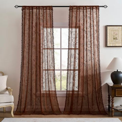 Kotile Brown Sheer Curtains 96 Inches Long, Floral Lace Window Panels - color: Brown, size: 52"W x 96"L (Pack of 2)