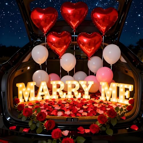 Marry Me Light Up Letters, with 30 Tea Lights Candles, Rose Petals, Aluminum Balloons, Balloons, Red Carpet, Rose Ring Box, Double Sided Tape, Valentine's Day Proposal Engagement Wedding Decorations - color: MARRY ME - Large
