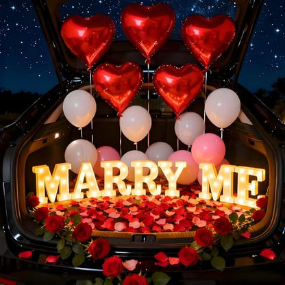Marry Me Light Up Letters, with 30 Tea Lights Candles, Rose Petals, Aluminum Balloons, Balloons, Red Carpet, Rose Ring Box, Double Sided Tape, Valentine's Day Proposal Engagement Wedding Decorations - color: MARRY ME - Large