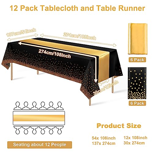 12Pack Disposable Plastic Tablecloths and Satin Table Runner Set Black and Gold Dot Tablecloth Gold Satin Table Runner for Wedding Birthday Baby Shower Anniversary Christmas New Year Party Supplies - color: Black and Gold, size: 12 Pack