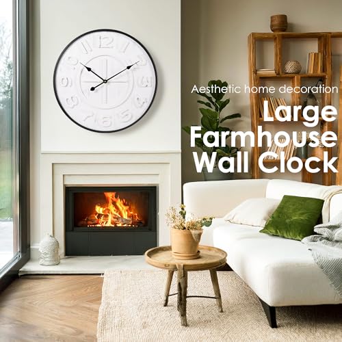Modern 24-Inch Wall Clock, Iron & Wood with Distressed Vintage Finish – Silent Non-Ticking Quartz Movement, Battery Operated, Easy to Hang, for Living Room, Office, Classroom