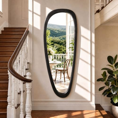 60"x22" Asymmetrical Mirror, Solid Wood Frame, Irregular Design - color: Black, size: 60"L x 22"W