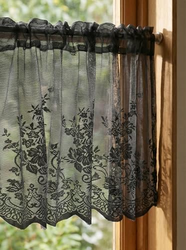 Molaxhome Kitchen Curtains Valance Black Lace Floral Semi Sheer Curtain - color: Black, size: 29"W x 24"L (Pack of 1)