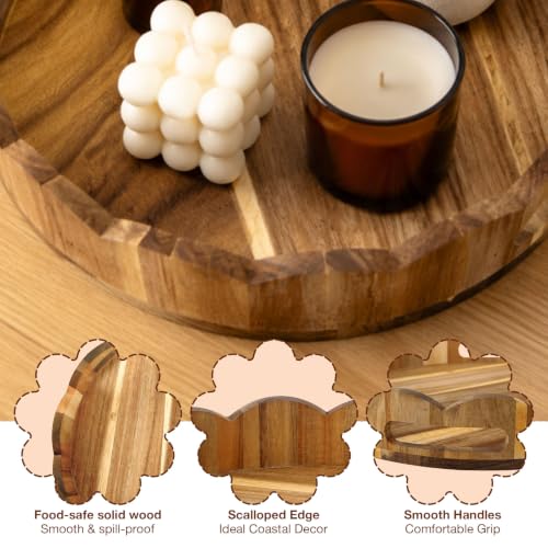 AnyDesign Brown Wooden Scalloped Serving Tray with Handles, 12.6 Inch
