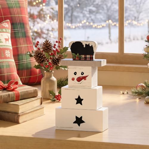 Smile 3 Pcs Winter Christmas Indoor Decoration, Wooden Sign Tabletop Retro Decor, Snowman Blocks, Ornaments for Home Shelf Mantel Fireplace. - style: Snowman