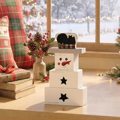 Smile 3 Pcs Winter Christmas Indoor Decoration, Wooden Sign Tabletop Retro Decor, Snowman Blocks, Ornaments for Home Shelf Mantel Fireplace. - style: Snowman