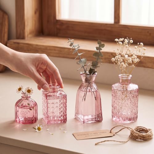 Clear Pink Glass Bud Vase Set of 12 Pcs,Small Bud Vases in Bulk,Glass Crystal Flower Vases Table Centerpieces for Party Event Wedding Decor Baby Shower Decorations (Pink, 12 Pcs) - color: Pink, size: 12 Pcs