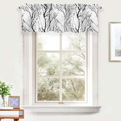 DriftAway Tree Branch Lined Valance Double Layer Blackout Thermal Insulated Abstract Ink Printing Window Curtain Valance Rod Pocket 52 Inch by 14 Inch Plus 2 Inch Header Black White 1 Pack - color: Black White, size: 52"W x 14"L (Pack of 1)