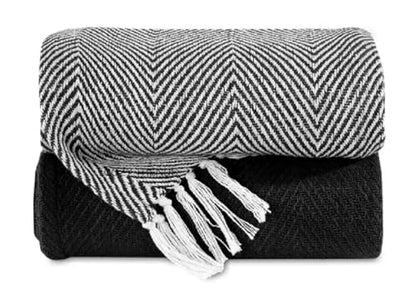 Hand Woven Throw Blankets - Cotton - Rustic Ottoman - Batik Chair Blanket - Striped with Fringe - Picnic Throw 50"x60" - Set of Two (Black Chevron) - color: Black Chevron