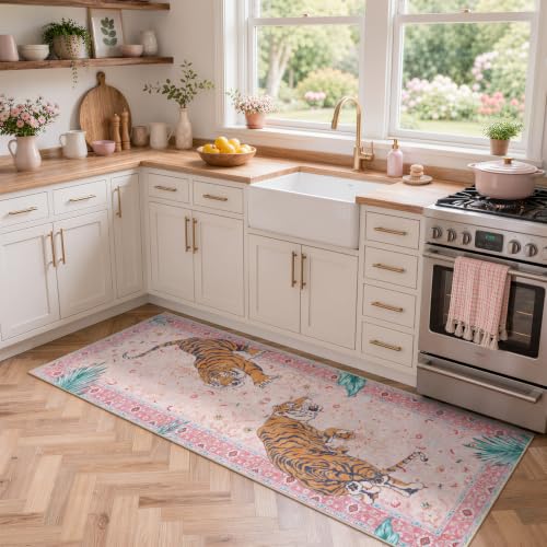 Moynesa 2x6 Pink Tiger Hallway Runner Rug, Washable Boho Runner for Kitchen - color: Pink, size: 2' x 6' (Rectangular)