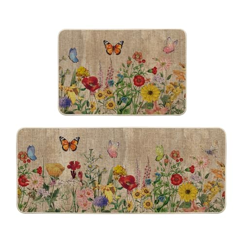 Artoid Mode Wood Flowers Butterfly Spring Kitchen Mats Set of 2, Seasonal Home Decor Leaves Low-Profile Kitchen Rugs for Floor - 24x35 and 24x59 Inch - color: Brown, size: 24" x 35" /24" x 59"