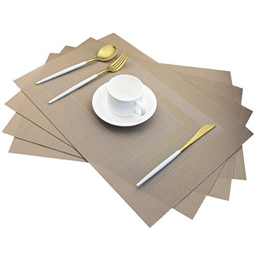 PIGCHCY Placemats,Heat Resistant Non Slip Durable Plastic Place Mats,Washable Easy to Clean Woven Vinyl Kitchen Placemats for Dining Table Set of 4 (Champagne) - color: Box: Champagne, size: 4 Placemats