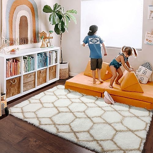 7x9 Area Rugs for Living Room Bedroom, Fluffy White and Beige Geometric Rug - color: Z- White / Beige, size: 7' x 9' (Rectangular)