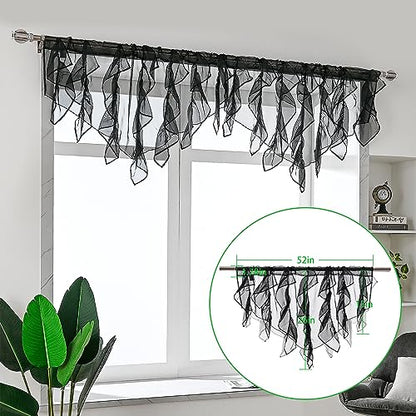 PearAge Ruffled Voile Semi Sheer Curtain Valance, Kitchen Living Room Shabby Chic Ruffle Valance Curtains, Girls Daughters Bedroom Cascade Window Valance 52x26 Inches (Black-Triangle) - color: Black