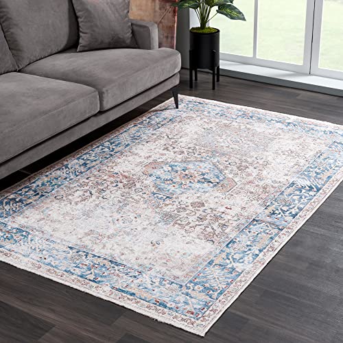 Bloom Rugs Caria Washable Non-Slip 6x9 Rug - Beige/Ocean Blue Traditional Area Rug for Living Room, Bedroom, Dining Room, and Kitchen - Exact Size: 6' x 9' - color: Beige / Ocean Blue, size: 6' x 9' (Rectangular)