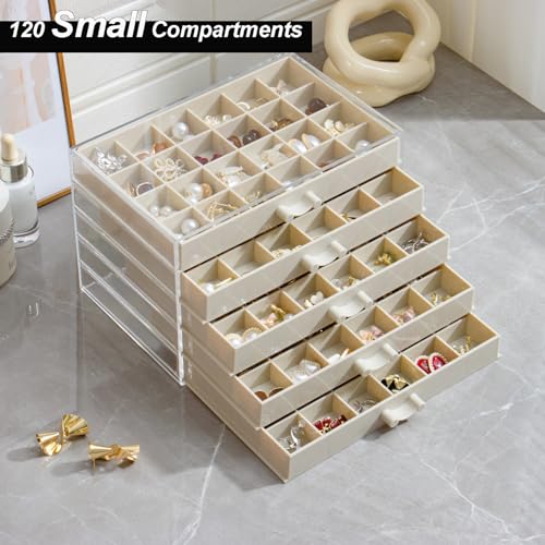 YUFONG Earring Storage Box Organizer 5 Drawers with 120 Small Compartments - color: Beige