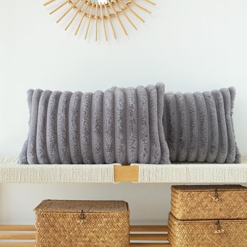 JOJUSIS Faux Fur Plush Throw Pillow Covers, Grey, 12 x 20-Inch - color: Grey, size: 20" x 12" (Pack of 2)