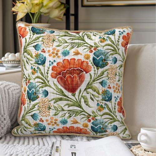 Red Blue Bright Floral Soft Velvet Throw Pillow Covers Set of 2 Colorful Flowers Green Leaf Plant Decorative Pillow Covers 18x18 Inch Boho Rustic Pillow Case For Sofa Couch Living Room Home Decor - color: Red Floral, size: 18" x 18" (Pack of 2)
