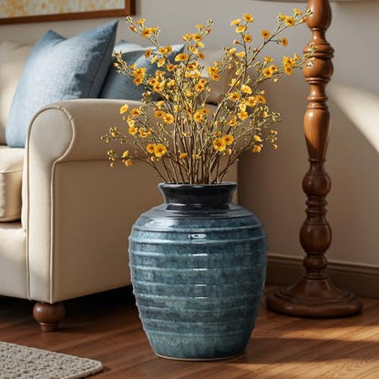 LuxenHome 16'' Rippled Blue Round Ceramic Vase