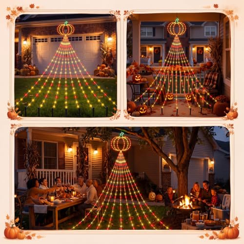 Gerrii 14FT Fall Pumpkin Waterfall String Lights, 270 LED USB Halloween - style: Autumn Pumpkin