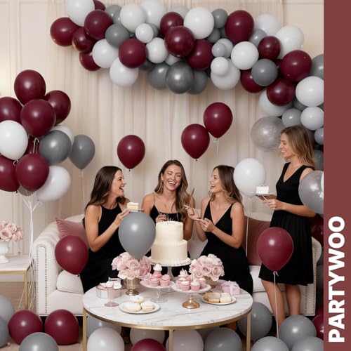PartyWoo Burgundy White and Gray Balloons 66pcs 12 Inch Burgundy Balloons - color: Burgundy, White, Gray
