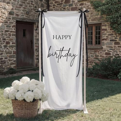 Tingjoo 27x78" Happy Birthday Banner White, Black Backdrop Bow Hanging - color: White, Black, style: Happy Birthday