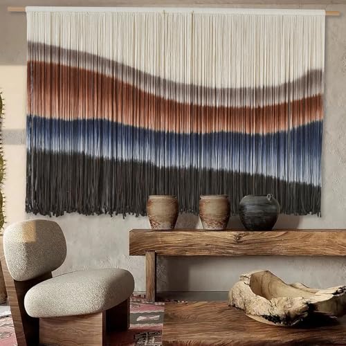 Macrame Wall Hanging Tie-Dye Bule Boho Wall Decor Yarn Fiber Art 57"W*35"L - color: Brown and Blue