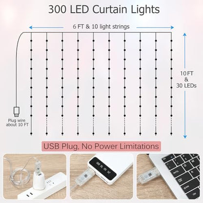 Fairy Curtain Lights 10ft x 10ft, 300 LED Twinkle String Lights - size: 300-LED Warm White 10ft x 10ft