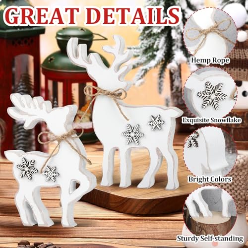 3Pcs Cute Christmas Tiered Tray Decor Indoor, Wooden Farmhouse Reindeer Christmas Tabletop Decorations Xmas Centerpiece, Rustic Reindeer Sign Standing Elk Decor for Home Shelf (White) - style: White