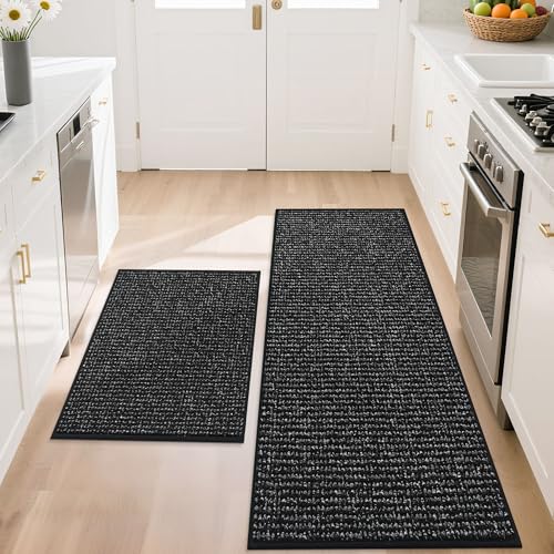 BEQHAUSE Kitchen Rugs and Mats 2PCS Non-Slip, 20"x32"+20"x48", Black - color: Black, size: 20"x32"+20"x48" (Rectangular)