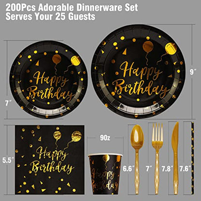 200 pieces of black and gold birthday party supplies, disposable happy birthday tableware set, gold plastic knives, forks, spoons, straws. Birthday themed tray, cup,25Guests (black) - color: Black