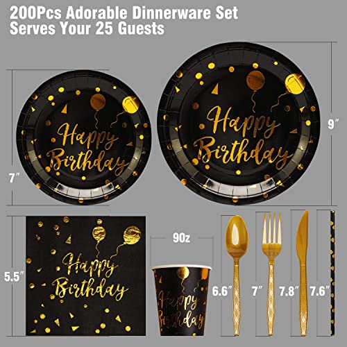 200 pieces of black and gold birthday party supplies, disposable happy birthday tableware set, gold plastic knives, forks, spoons, straws. Birthday themed tray, cup,25Guests (black) - color: Black