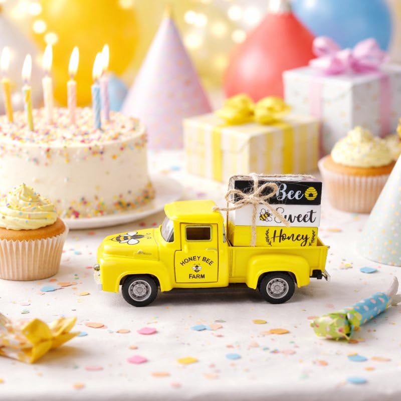 5.7in Bee Truck Decor with Sweet Honey Blocks, Yellow Metal Pickup - color: Yellow
