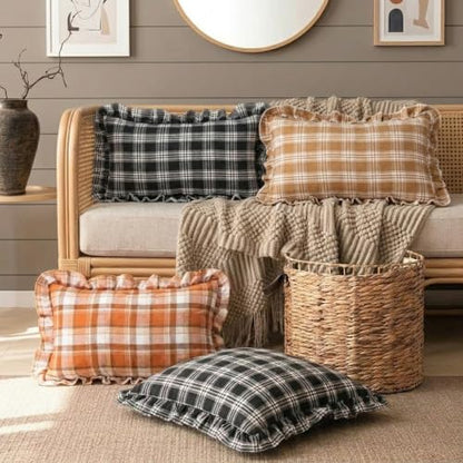 Chocolate Dark Brown Tartan Plaid Fall Cute Throw Pillow Covers 18x18 - color: Chocolate Ruffled Plaid Throw Pillow Covers, size: 18" x 18" (Pack of 2)