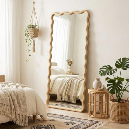 Full Length Mirror, 60”x25” Wavy Wood Floor Mirror for Wall - size: 60"L x 25"W