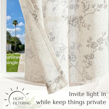 jinchan Grey Floral Kitchen Tier Curtains Alisa 36 Inches Tie Top 2 Panles - color: Alisa Grey on Linen, size: 26"W x 36"L (Pack of 2)