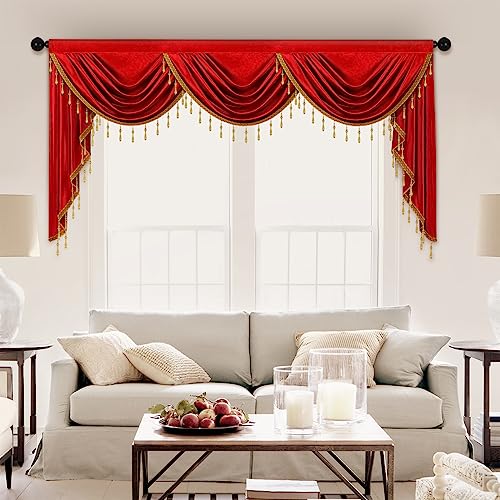 ELKCA Luxury Burgundy Red Velvet Curtain Valances for Living Room with Beads(79inch,1 Panel) - color: Burgundy Red, size: 79"W x 43"L (Pack of 1)