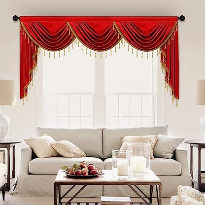 ELKCA Luxury Burgundy Red Velvet Curtain Valances for Living Room with Beads(79inch,1 Panel) - color: Burgundy Red, size: 79"W x 43"L (Pack of 1)