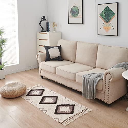 Boho Runner Rug 2'x4.3', Washable Hallway Rug Runner Non Slip Rubber Backed, Kitchen Farmhouse Area Rug Floor Mat with Tassels, Tufted Woven Cotton Entryway Carpet, Brown - color: Brown, size: 2' x 4'3" (Runner)