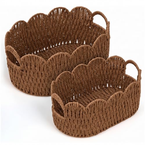 Endymion Set of 2 Paper Rope Scalloped Basket, Wicker Storage Baskets - color: Coffee