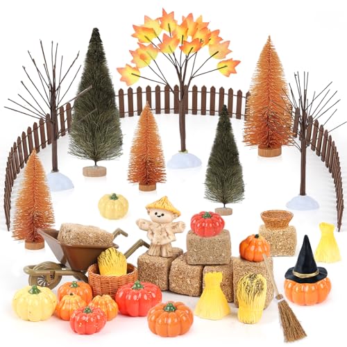 33 PCS Mini Fall Figurines Thanksgiving Resin Figurines Autumn Tiny Resin Farm Miniature Include Trees Pumpkins Scarecrow Wheelbarrow Ears of Wheat Basket Fence for Harvest Home Table Decorations - color: Fall