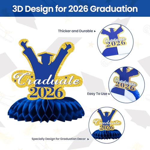 Class of 2026 Graduation Decorations - 9PCS Blue Gold Table Centerpieces, 2026 Congrats Grad Honeycomb Centerpieces Table Decor for Graduation Party Supplies - style: Graduation
