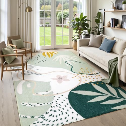 Lahome Green Machine Washable Large Rug - 8 x 10 Area Rugs for Living Room Non-Slip Lightweight Throw Boho Rugs, Soft Botanical Print Indoor Floor Carpet for Bedroom Office Dining Room Classroom - color: Green, size: 8' x 10' (Rectangular)